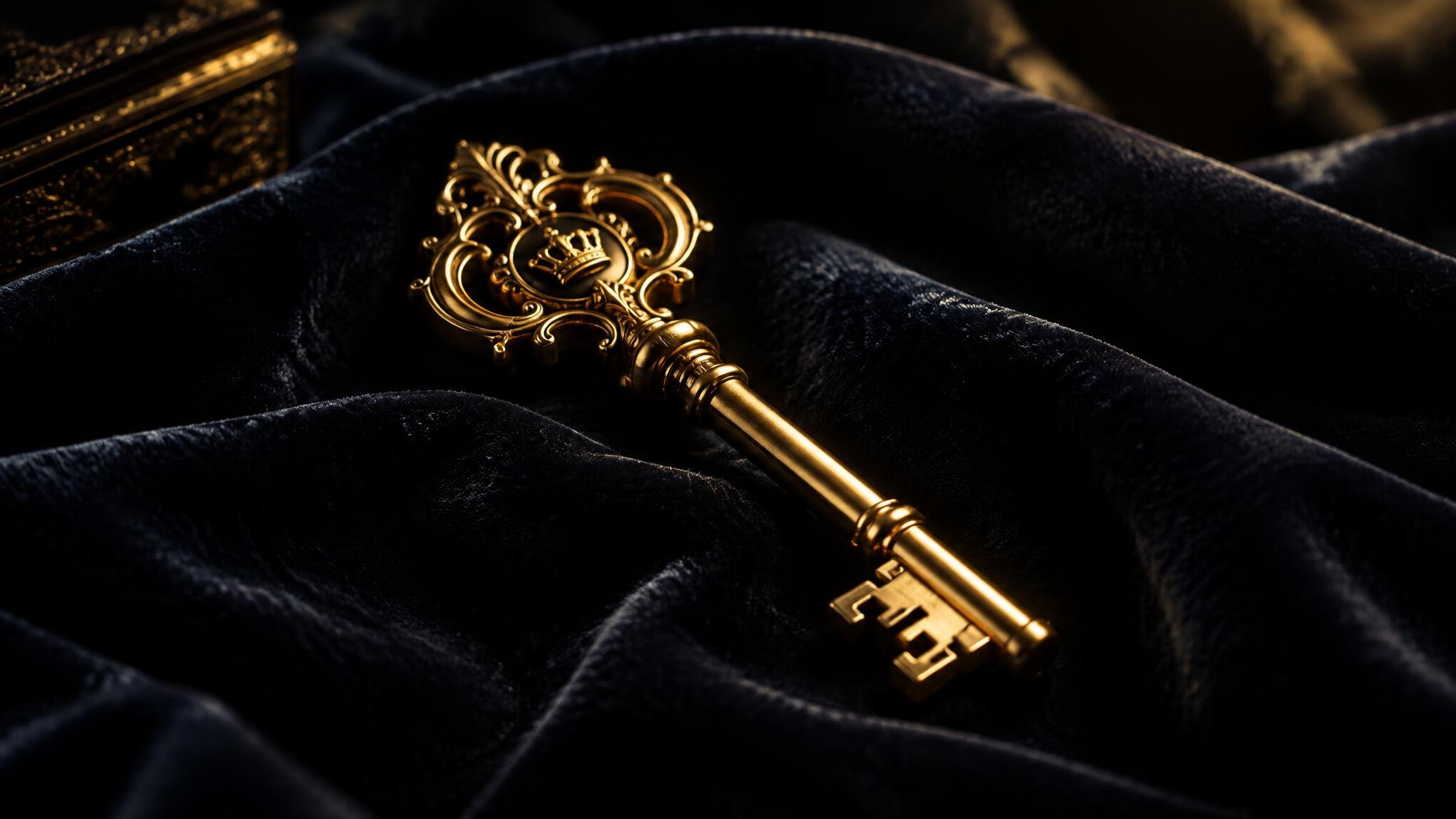 Golden key on dark velvet representing exclusive access