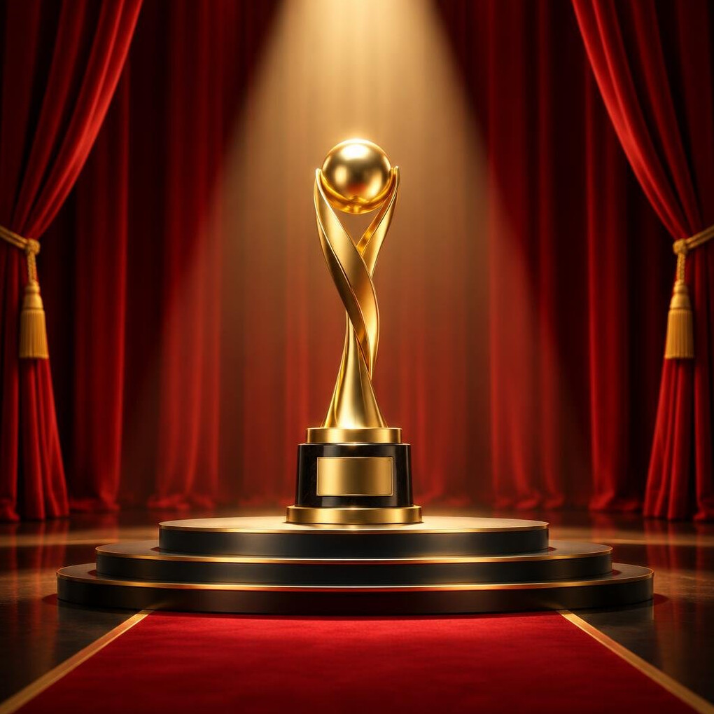 Elegant award ceremony stage with golden trophy and spotlight