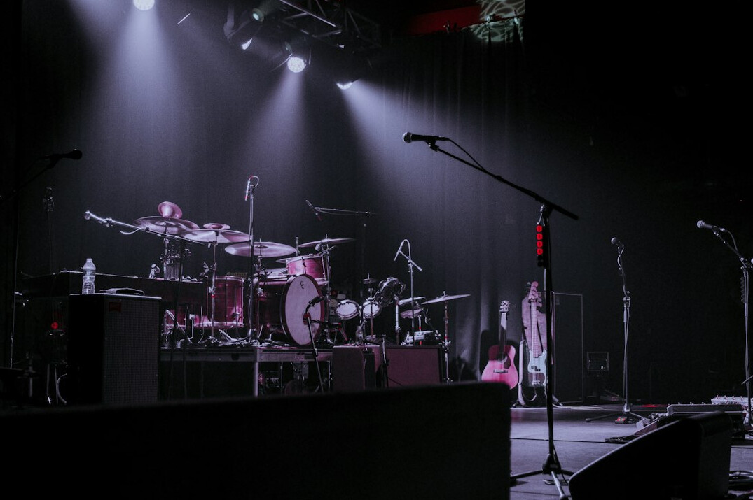 Television studio set with bright stage lights