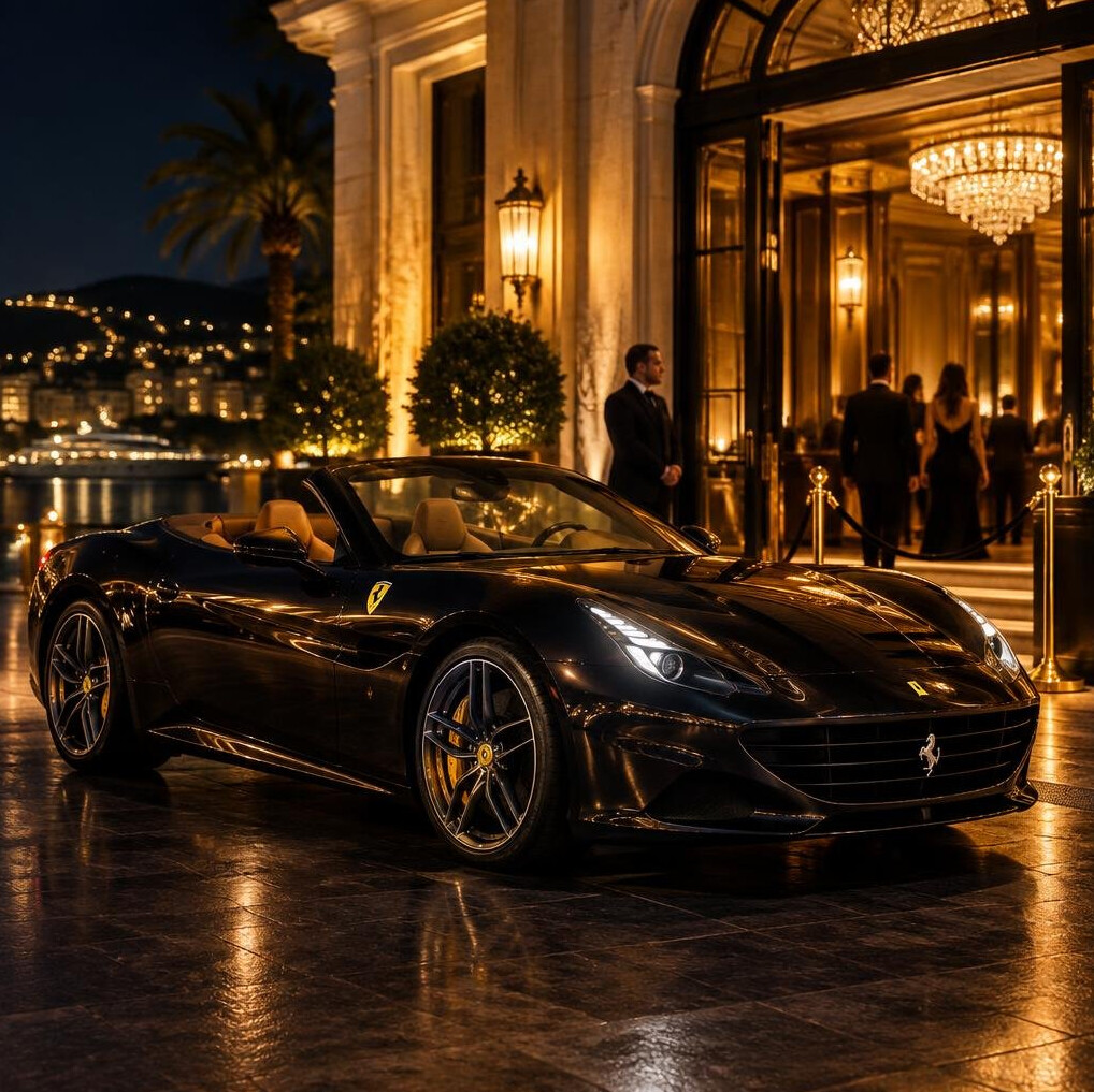 Luxury convertible car parked outside an exclusive venue